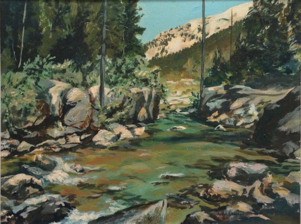“Lostine River from Shady Campground” —Oil painting Copyright 1966 by Judy D. Treman Painted on site