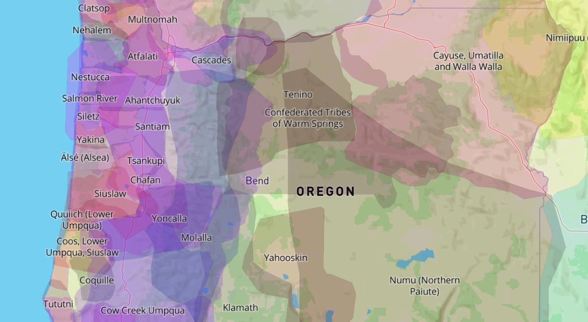 A map showing Indigenous land in Oregon