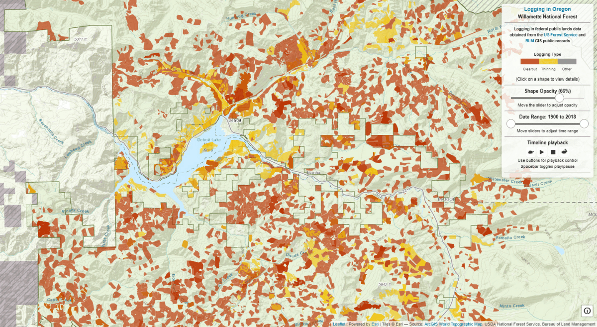 Screenshot of the mapping tool showing highly clustered logging sales in Oregon