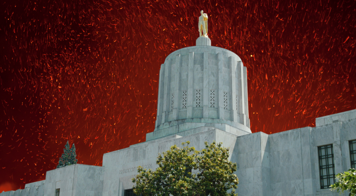 The top of the Oregon Capitol Building with a shower of fire sparks imposed as the background