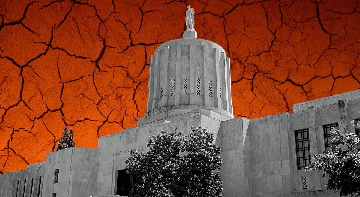 Image of the Oregon Capitol dome superimposed over a cracking earth