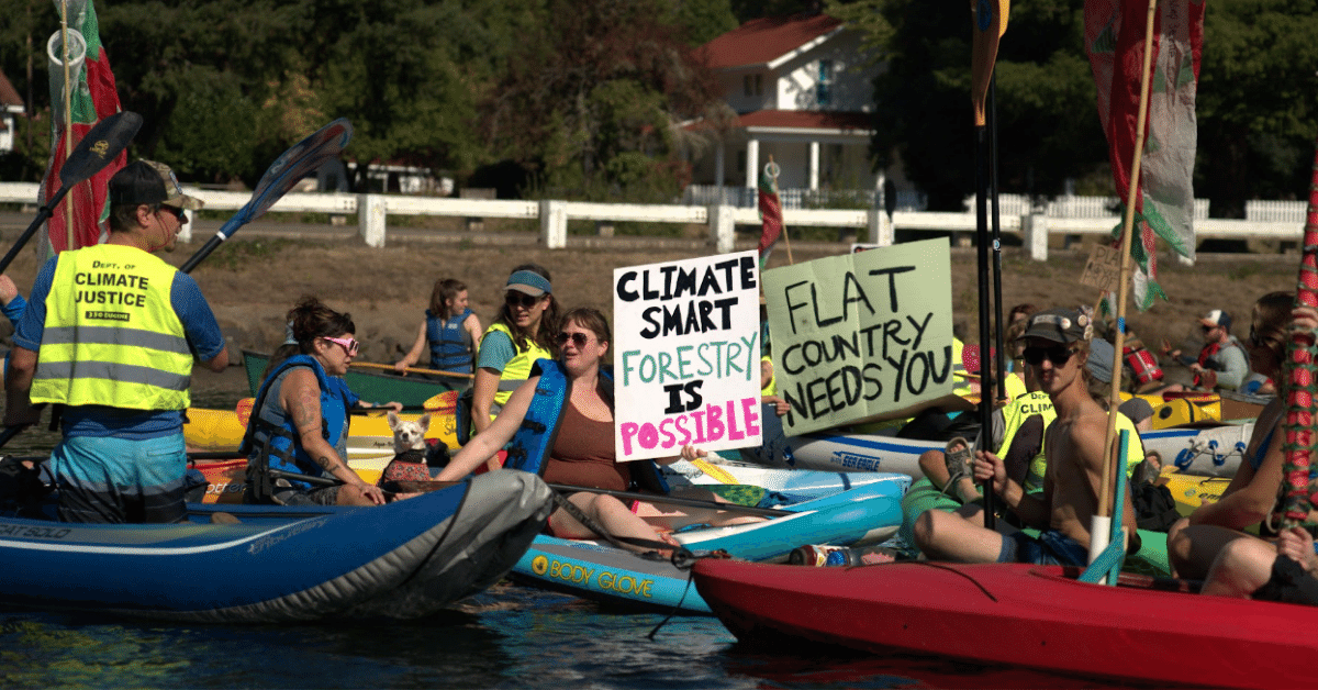 Protestors on the McKenzie River protest an old-growth logging sale