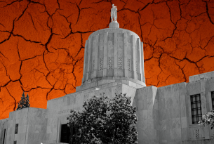Image of the Oregon Capitol dome superimposed over a cracking earth