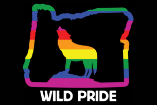 A wolf howling inside an outline of Oregon in rainbow colors, Wild Pride below
