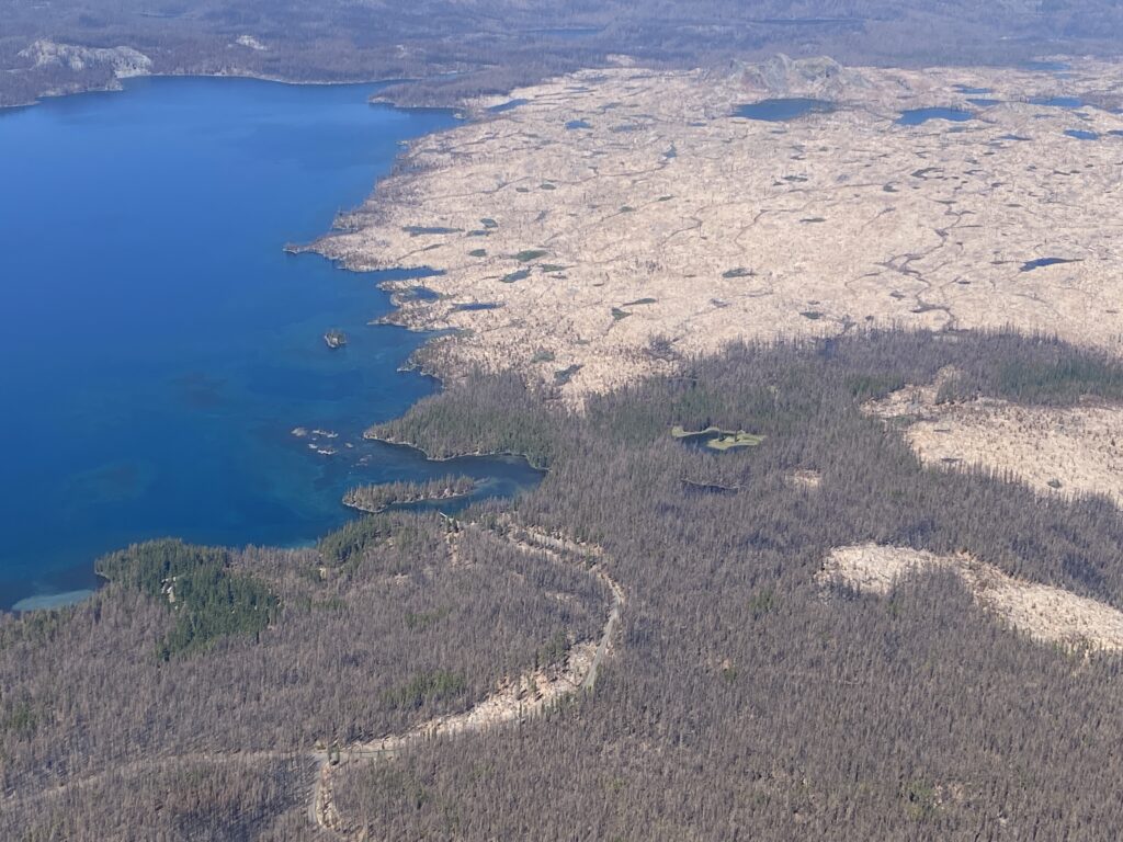 The north end of Waldo Lake and the scar of the Charlton Fire, reburned by the Cedar Creek Fire