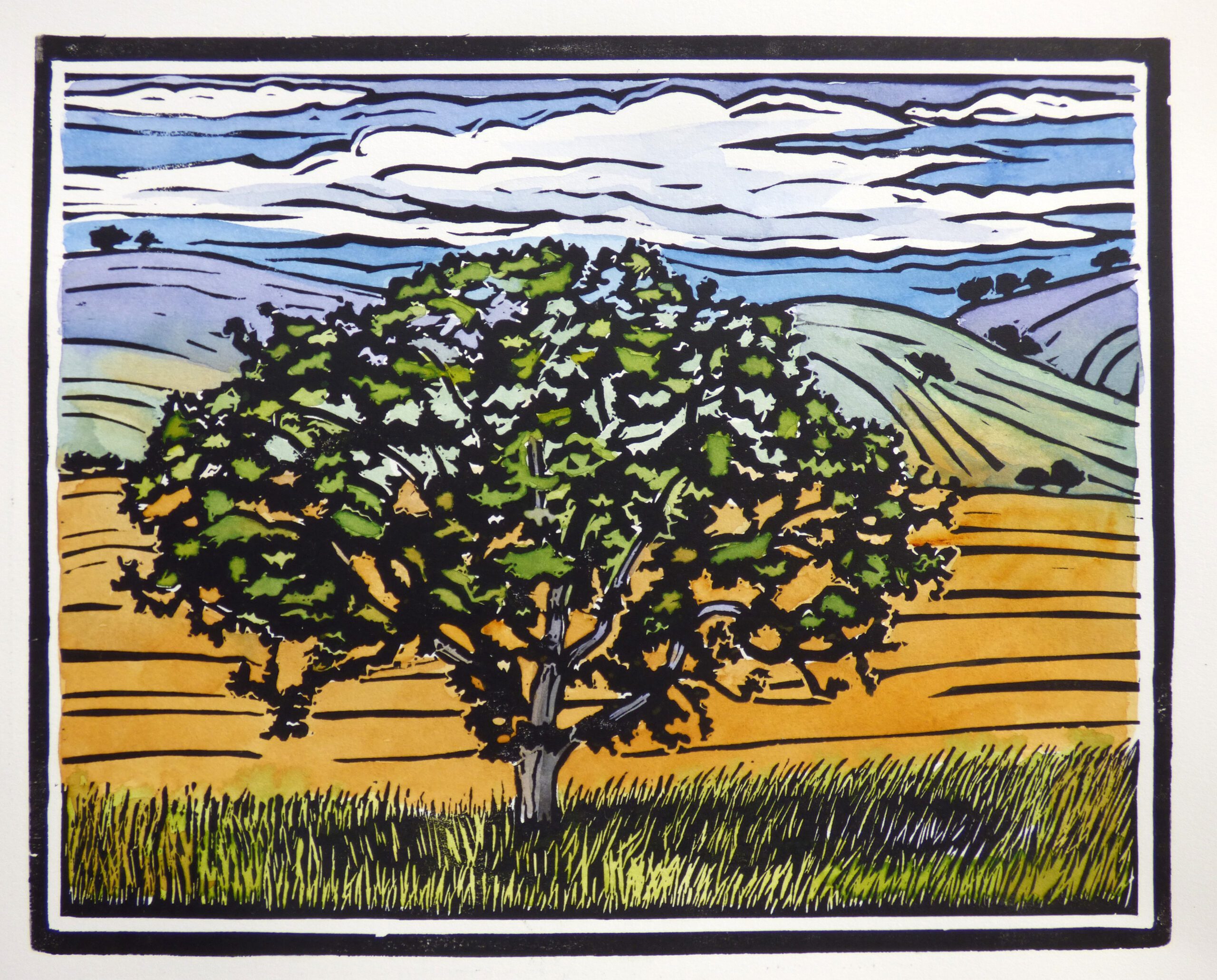 A block print of a large Oregon white oak on a green grass savannah by Molly Hashimoto