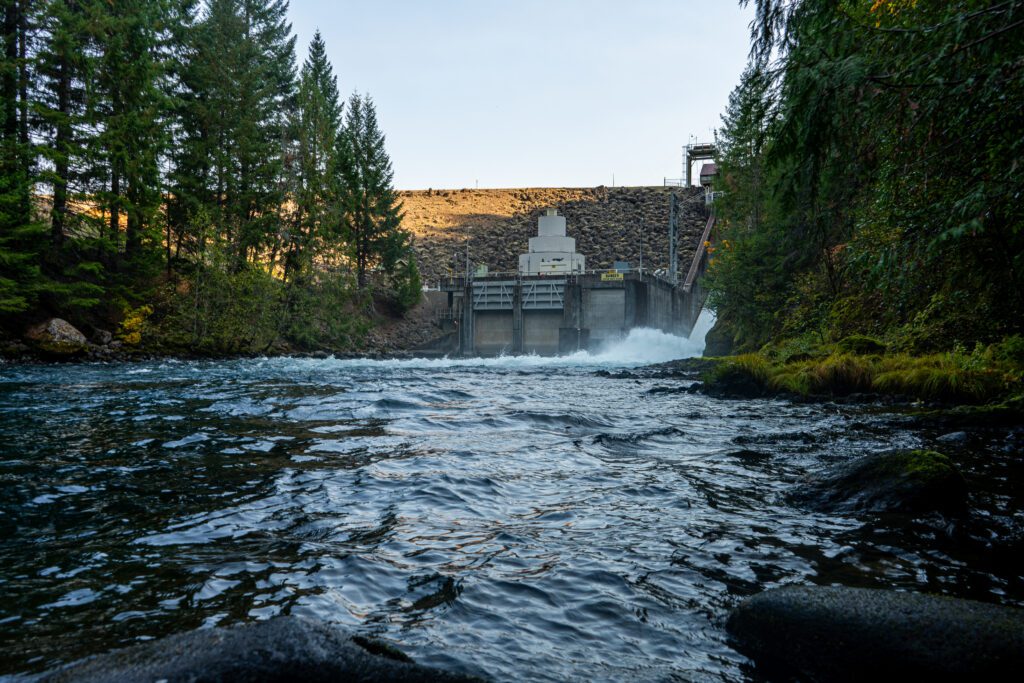 The Trail Bridge Dam as viewed from the river