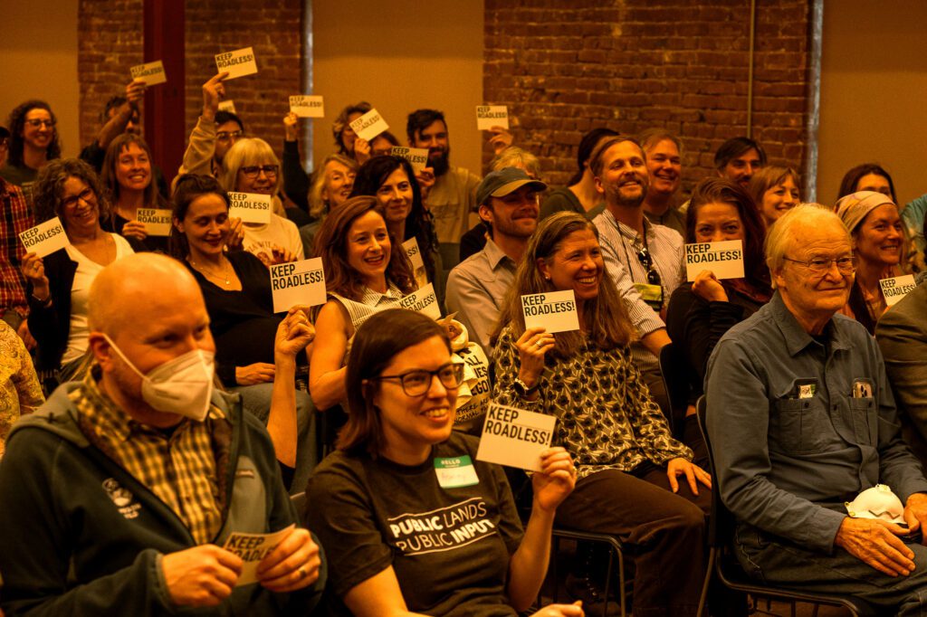 Community members speak up for roadless forests at a town hall event in Portland, Oregon.